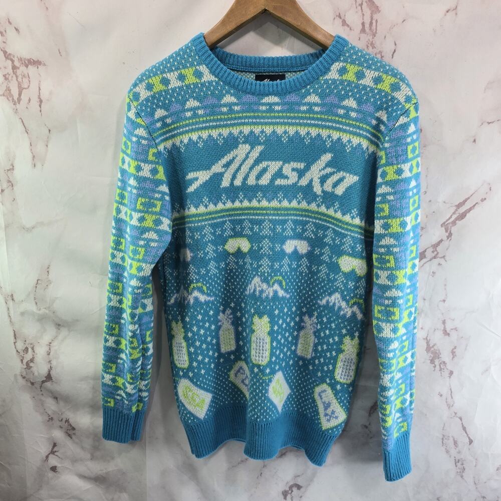 Alaska Airlines Sweater Womens Medium Mens Small Blue Fair Isle Ugly Holiday